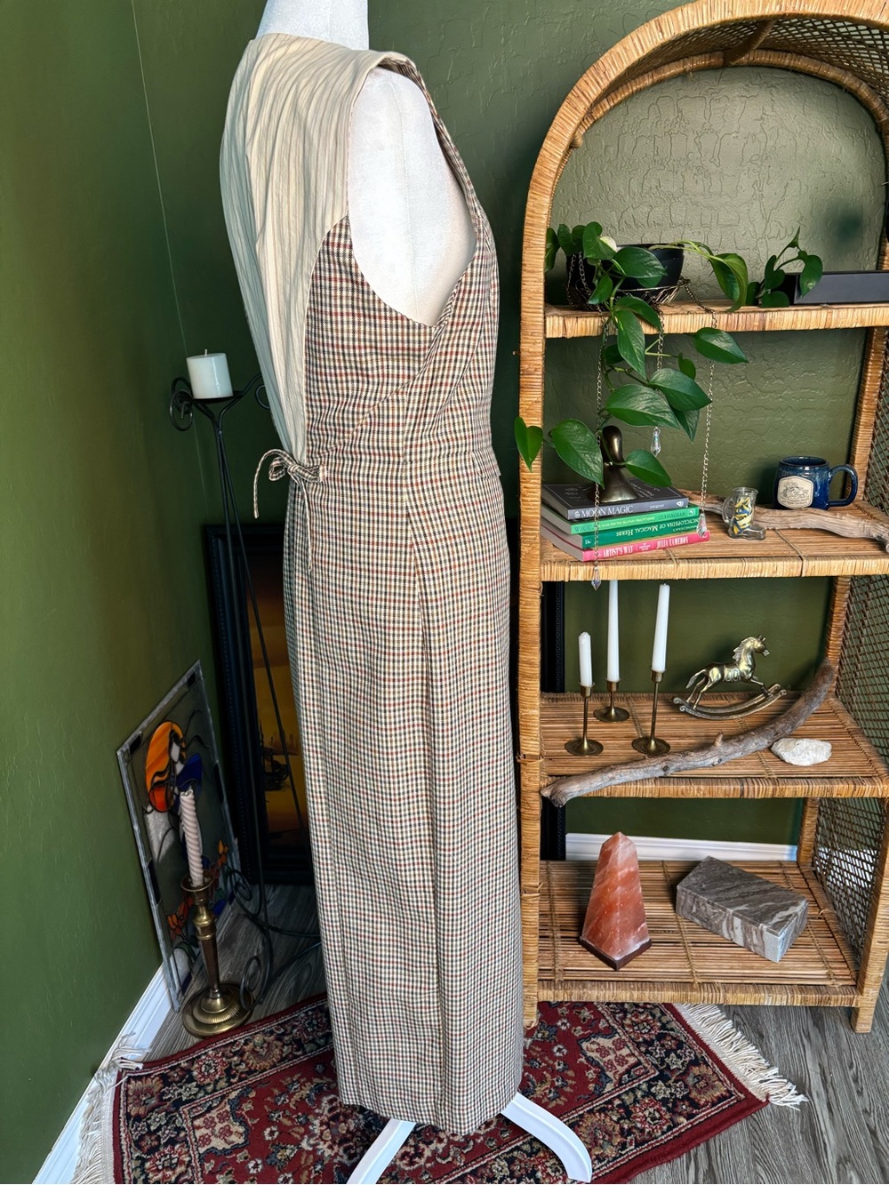 VTG Sleeveless Button-Front Houndstooth Checker Midi Vest Tie Back Dress - Picture 2 of 11